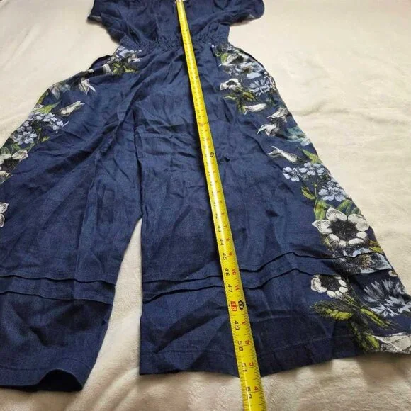 New SP By Anthropologie The Somerset linen printed jumpsuit in blue S Petite